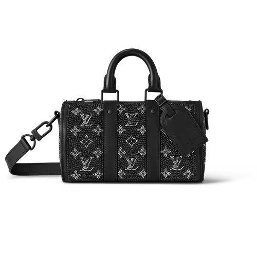 【新品包包】Louis Vuitton/路易威登 23新款 Keepall 25男士黑色牛皮革/施华洛世奇水晶肩背手提包 M23795