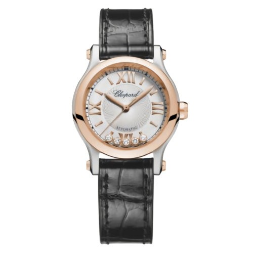 预定款1-2周发货 Chopard/萧邦 Happy Sport系列 自动机械表精钢玫瑰金表壳黑鳄鱼皮表带镶钻表盘女表30毫米278573-6013（新品手表）